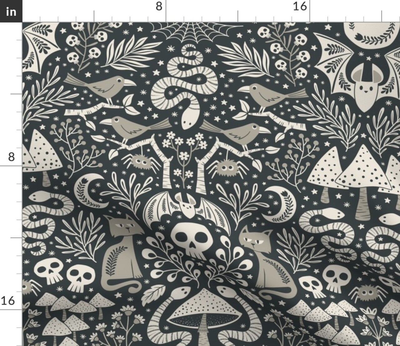 Whimsigoth Woodland Folk Art Gothic Halloween Steampunk Witchy Dark Academia Whimsical Spooky Snakes Bats Moon Skull Night Haunted Spider Custom Printed Fabric by Spoonflower Various Fabrics by the Yard or Fat Quarter